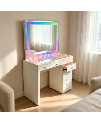 LED Lighted Vanity Table with 8 Drawers, Glass Top Dressing Desk