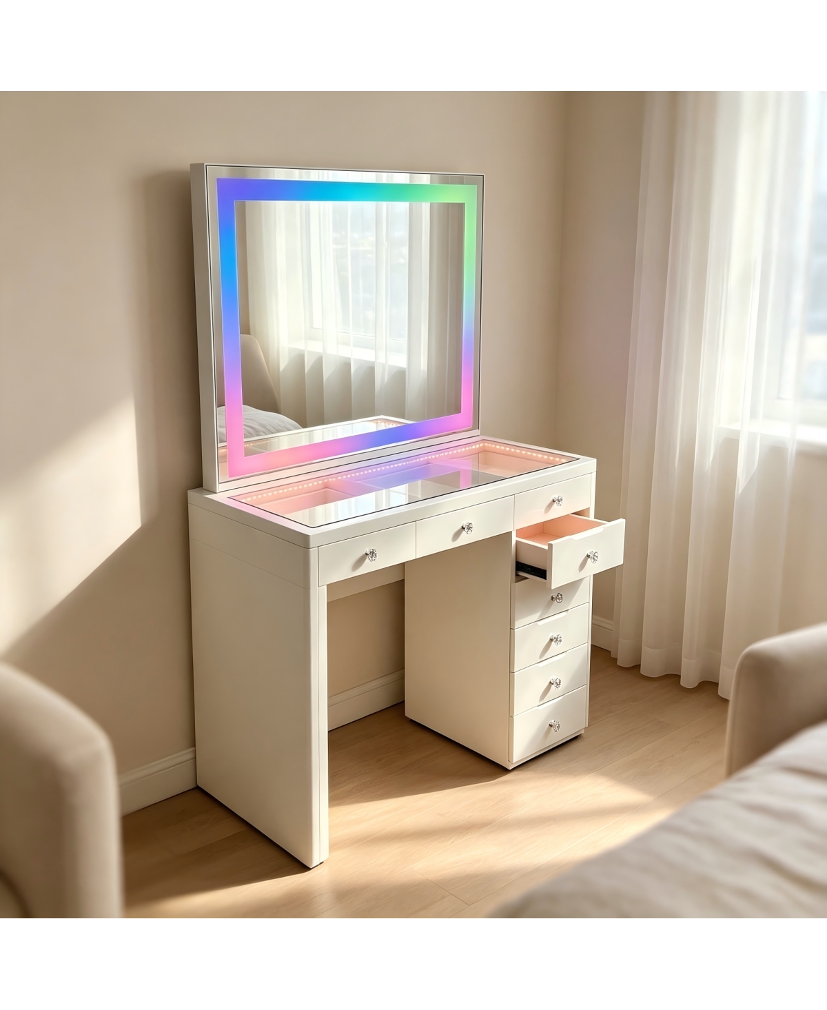 Streamdale Furniture Led Lighted Vanity Table with 8 Drawers, Glass Top Dressing Desk - Gloss white