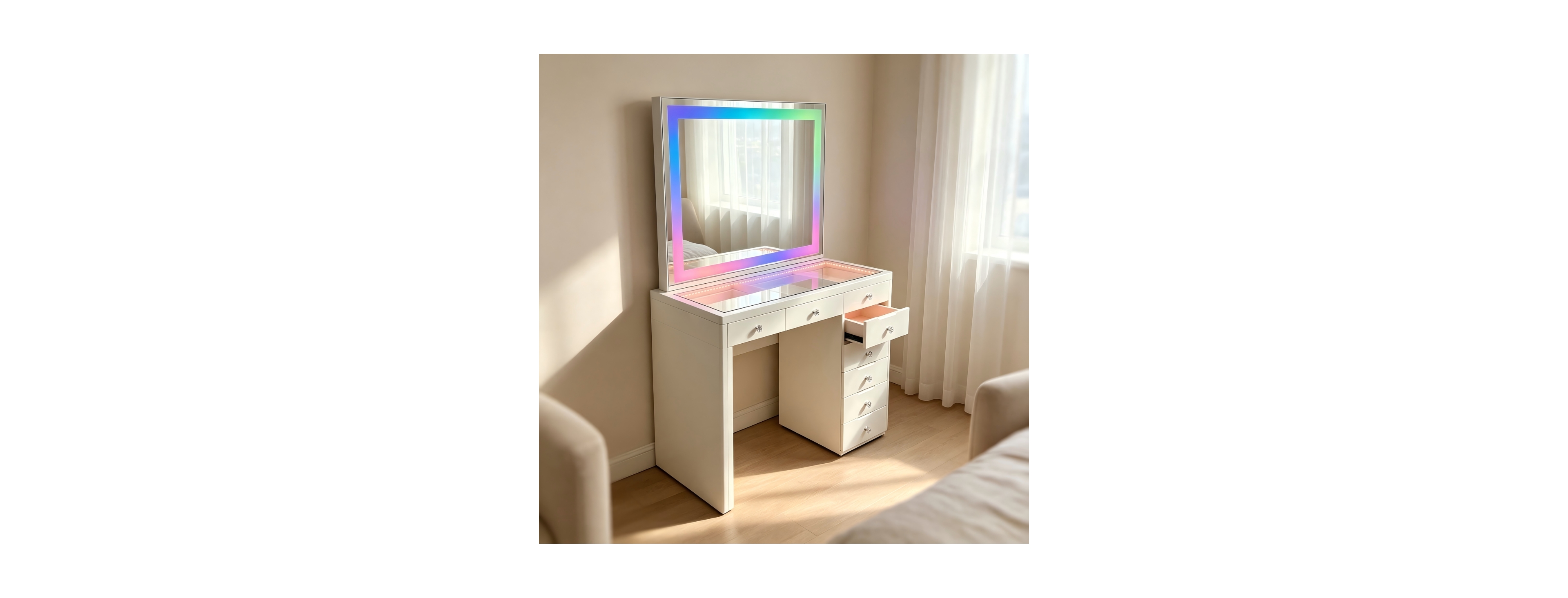 Streamdale Furniture Led Lighted Vanity Table with 8 Drawers, Glass Top Dressing Desk