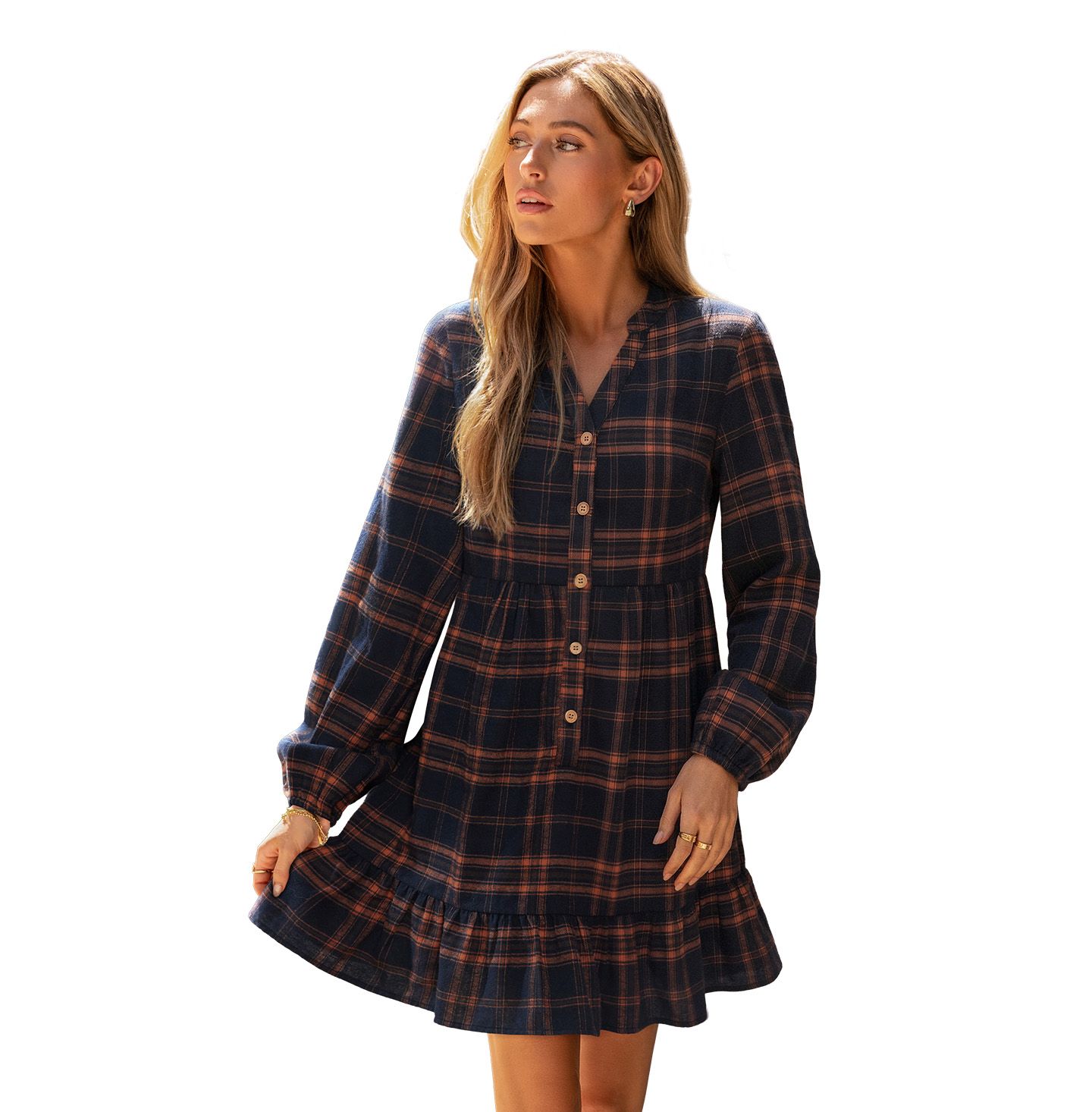 Женское платье Cupshe First Edition Long-Sleeve Plaid V-Neck Mini, цвет: Тёмный синий — фото 2