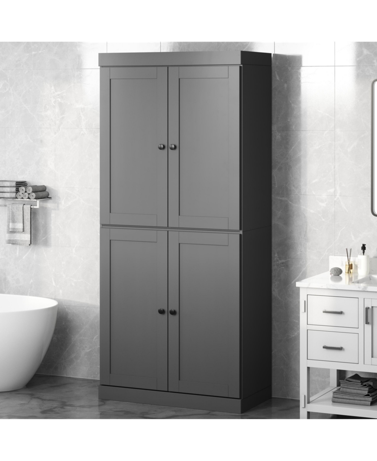Palace Imports 100% Solid Wood Tall Freestanding Modular Bathroom Linen Storage Cabinet with Shaker Doors, Adjustable Shelves, 32" W x 71.5" H - Gray