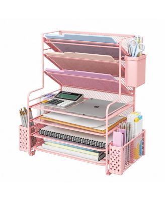 Metal Mesh Letter Tray Storage Basket with Pen Holder, Desktop Organizer
