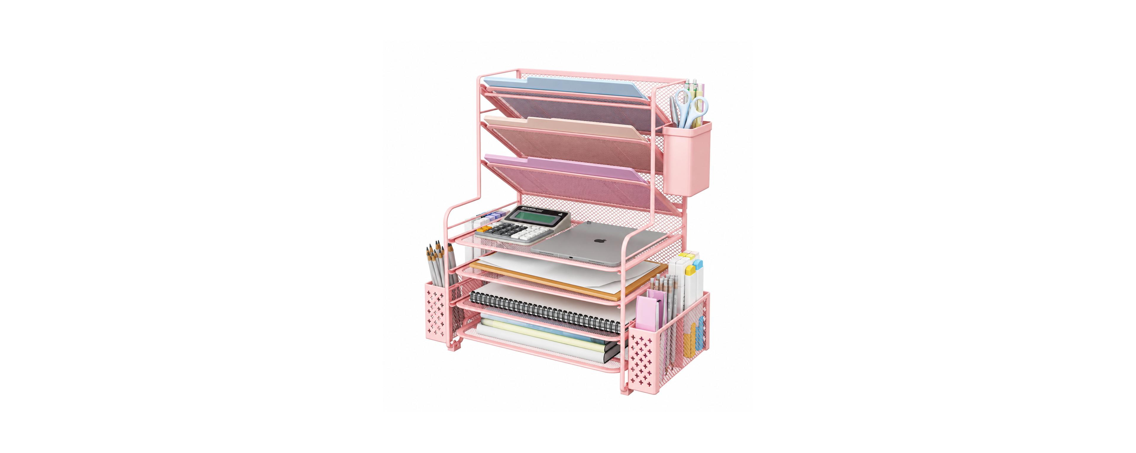 Lowking Metal Mesh Letter Tray Storage Basket with Pen Holder, Desktop Organizer