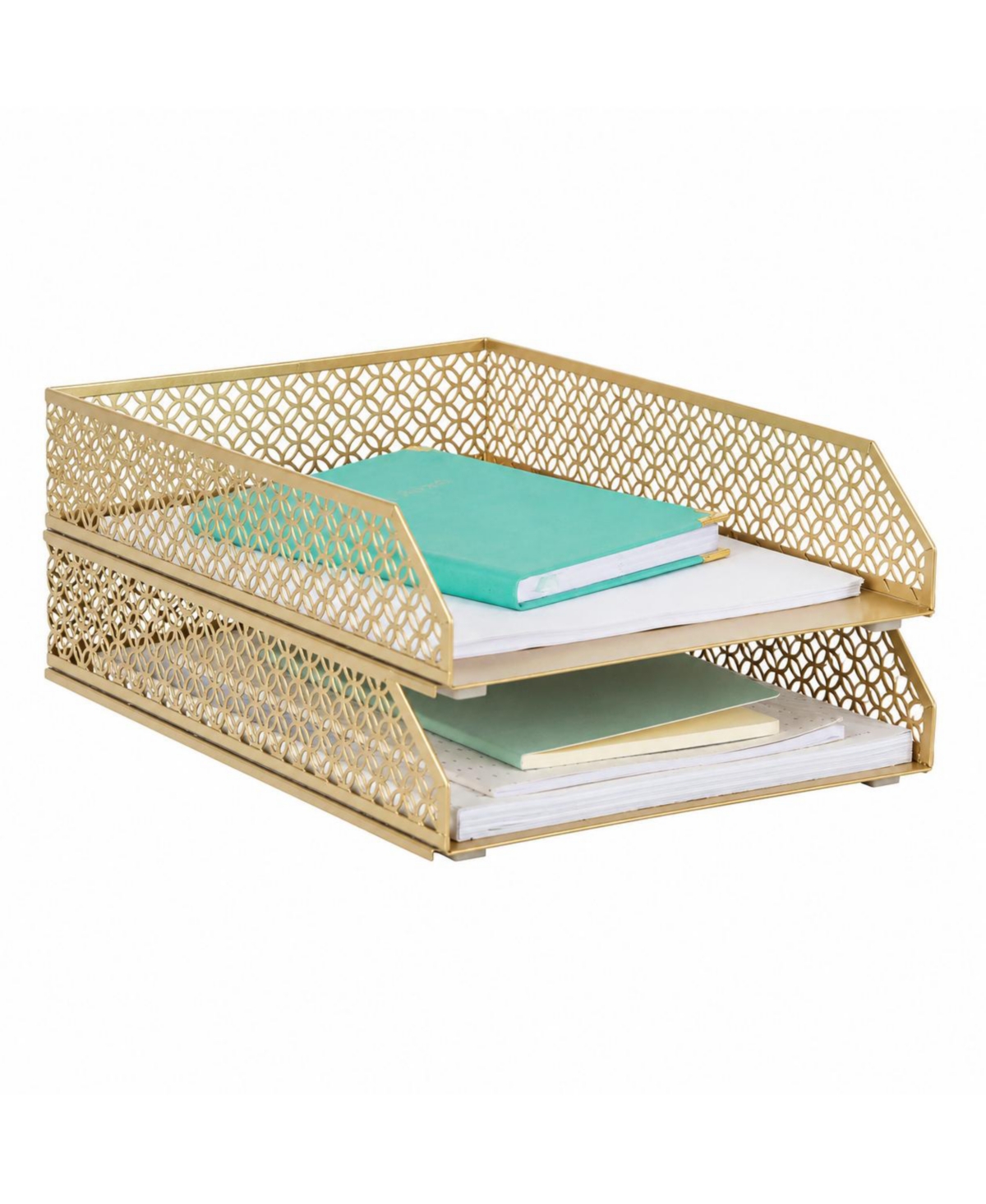 Lowking Stackable Steel Desk File Tray Set 2 Tiered Office Organization - Gold