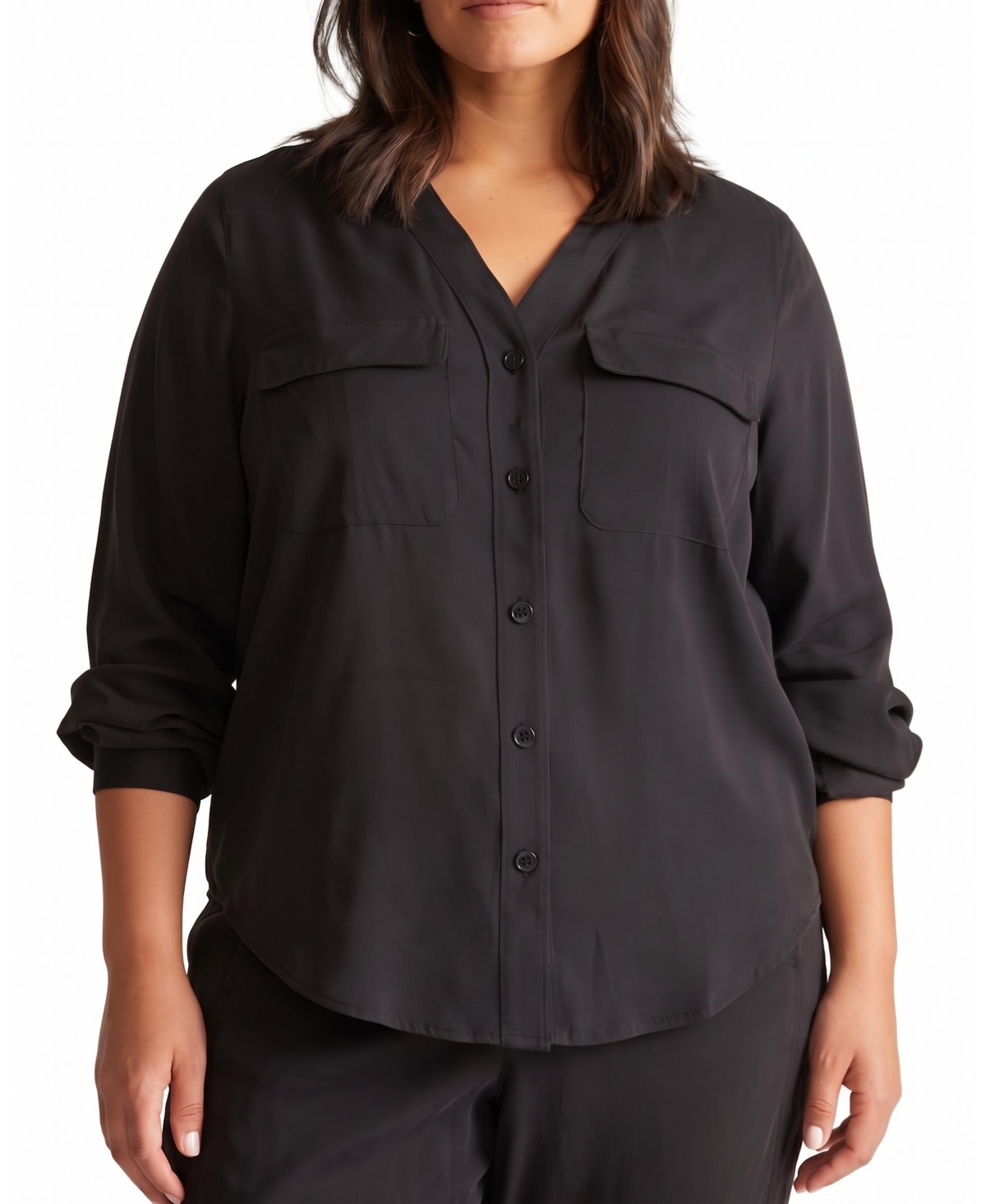 Universal Standard Plus Size Stretch Cupro Button-Down Blouse - Black
