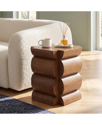 15.35 inch Curved Design Dark Wood End Table for Bedroom/Living Room