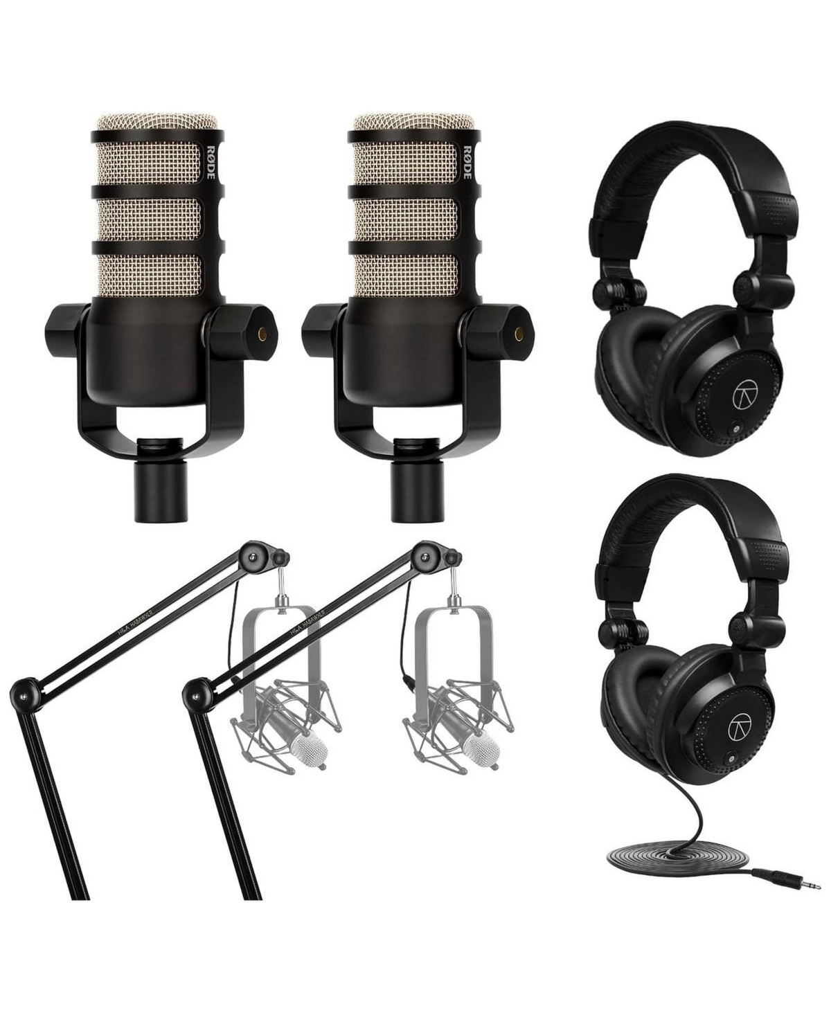 Rode 2x PodMic Dynamic Podcasting Microphone w/Broadcast Arm, Headphones, Cable