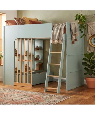  Full Size Wooden Loft Bed with Shelves and Ladder