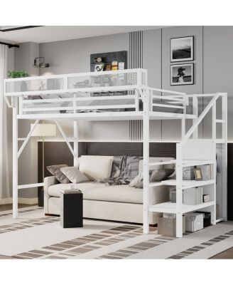 Twin XL Over Full Metal Loft Bed with Stairs and Wardrobe