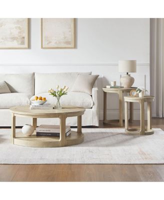 2-Piece Round Wooden Coffee and Side Table Set with Wheels