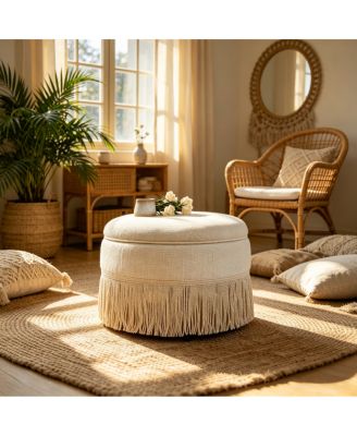 Round Upholstered Storage Ottoman with Tassels