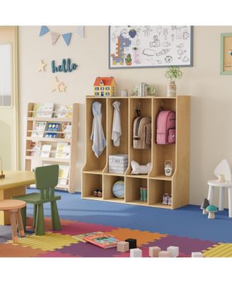 4-Section Kids Coat Locker with 8 Double Hooks and 4 Storage Cubbies Organizer Cabinet