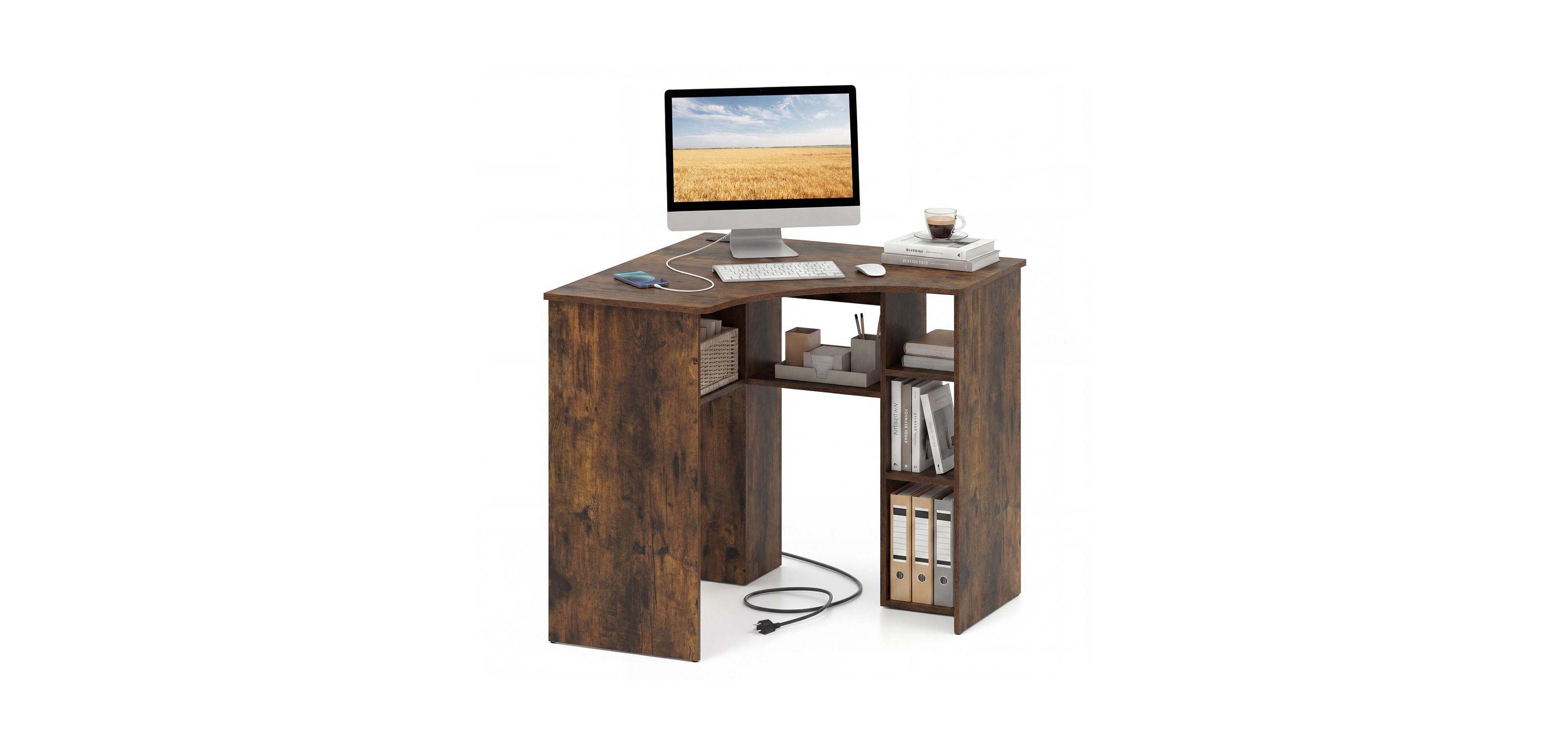 Mecale Corner Computer Desk Triangle Home Office Desk with Adjustable Shelf and Arc-Shaped