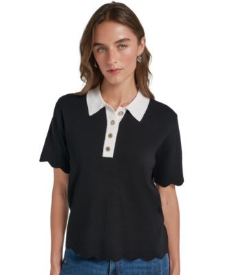 Petite Scalloped Hem Johnny Collar Short Sleeve Sweater