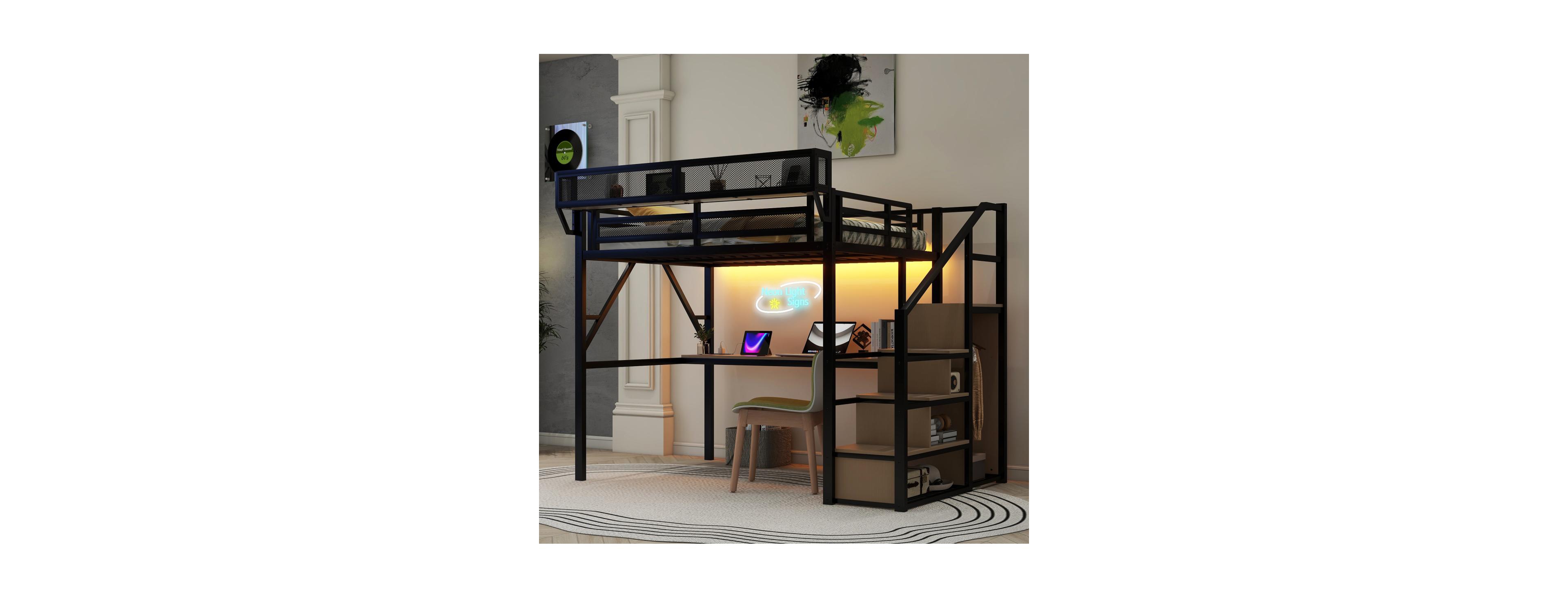 Streamdale Furniture Full Loft Bed with Desk, Charging Station, Stairs and Light