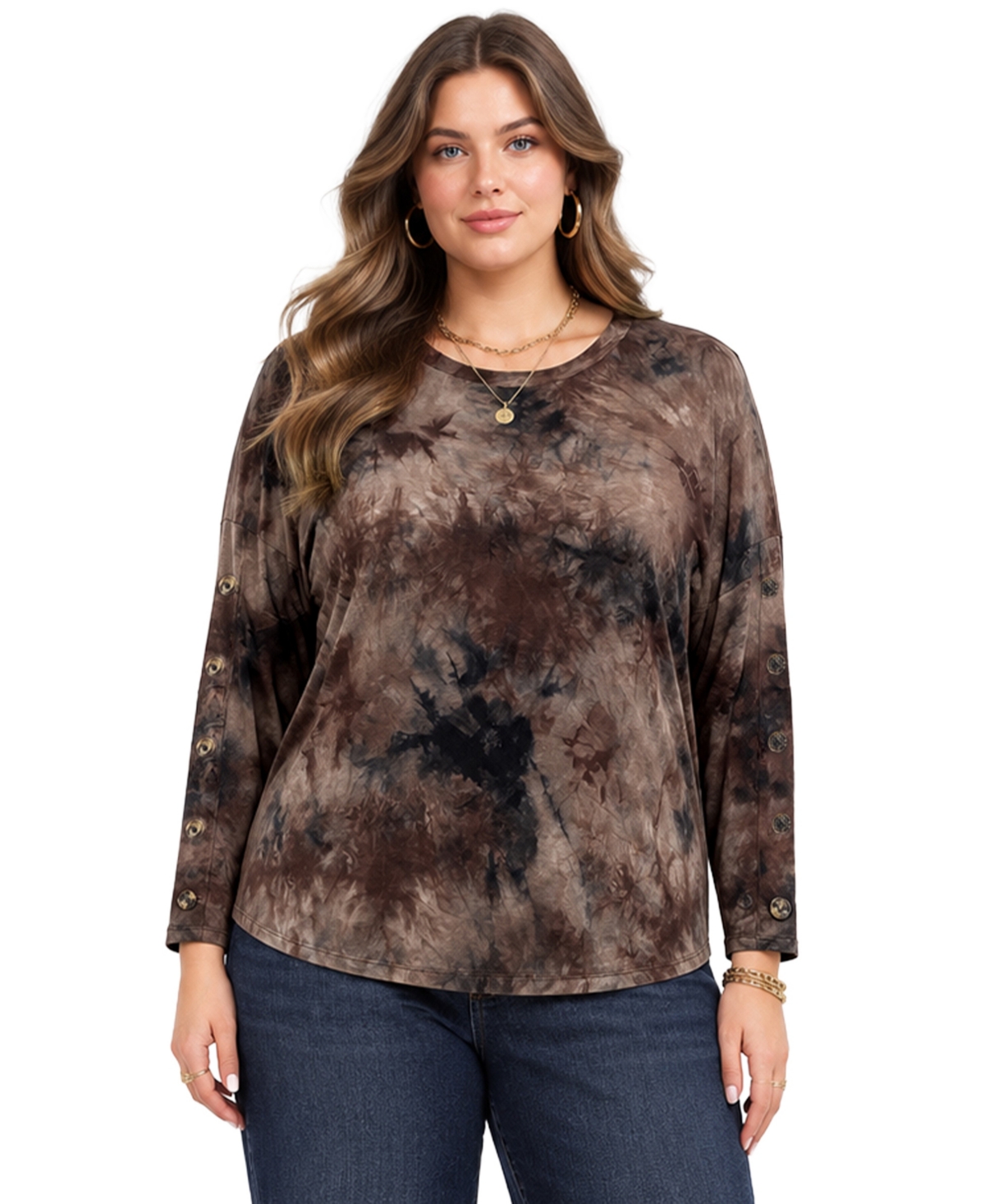 Coin 1804 Plus Size Tie Dye Long-Sleeve T-Shirt - Mocha Black
