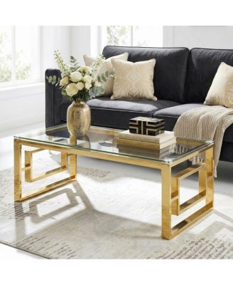 Modern Glam Glass Top Nesting Coffee Table with Gold Geometric Metal Frame