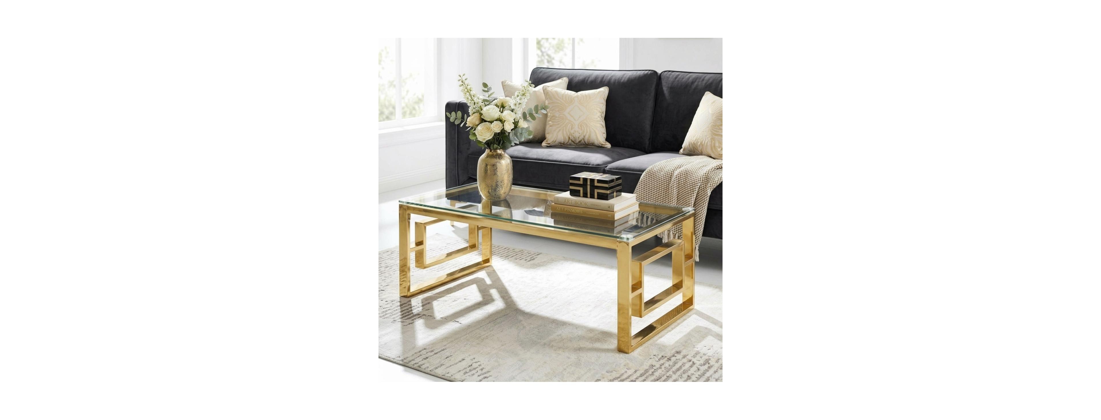 Streamdale Furniture Modern Glam Glass Top Nesting Coffee Table with Gold Geometric Metal Frame