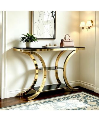 63" Mirrored Gold and Black Console Table with Three-Tier Storage