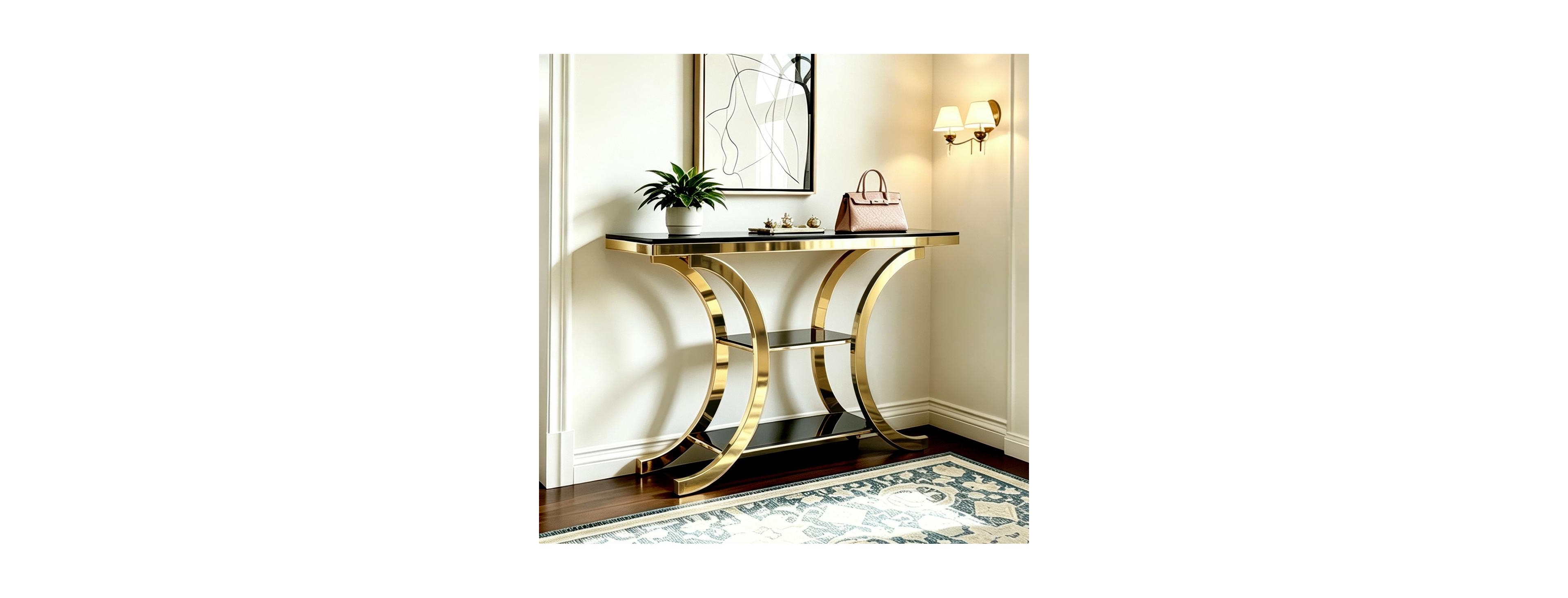 Streamdale Furniture 63" Mirrored Gold and Black Console Table with Three-Tier Storage
