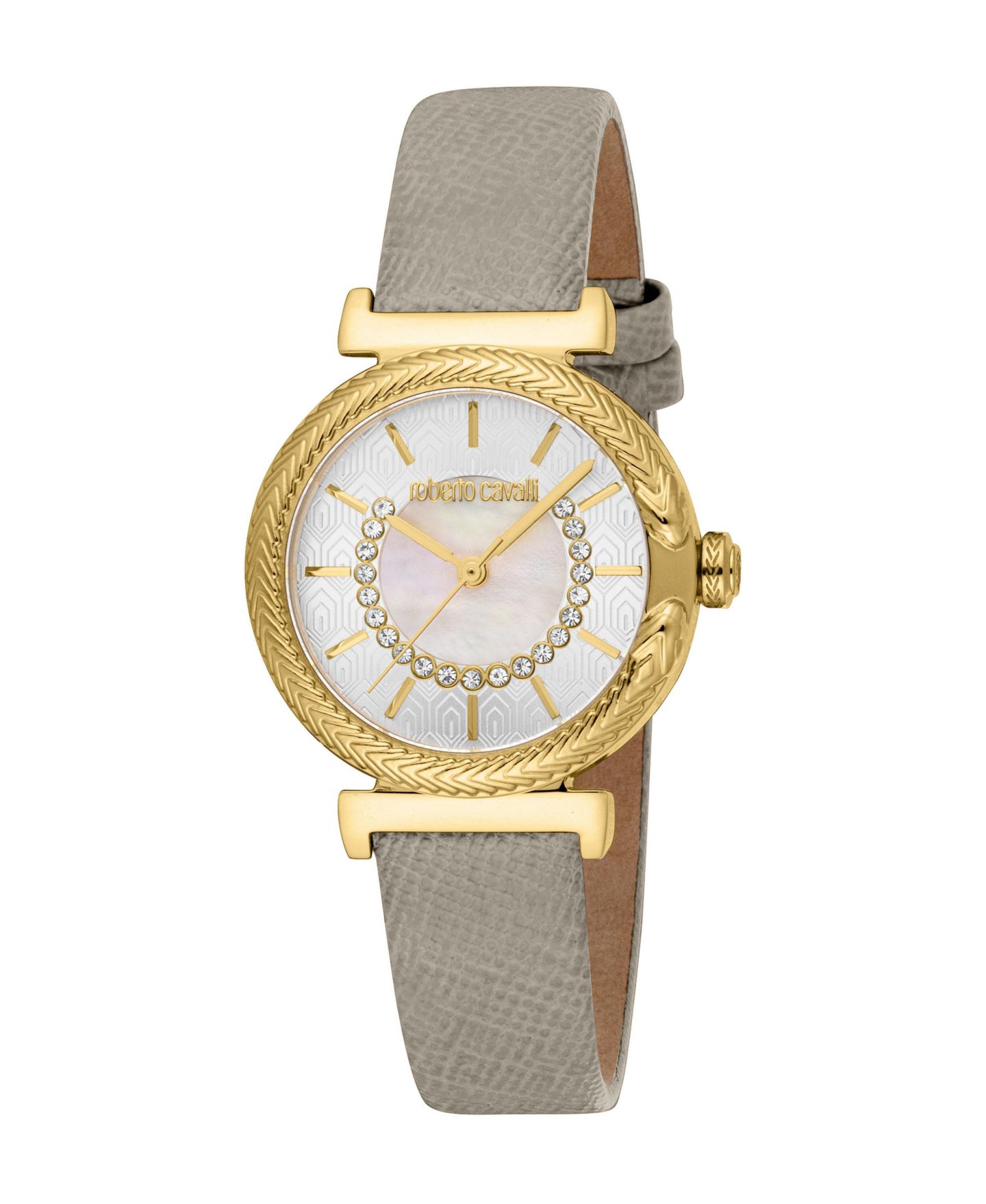 Женские часы Roberto Cavalli Quartz Grey Leather Strap Watch, цвет: Золотой — фото 1