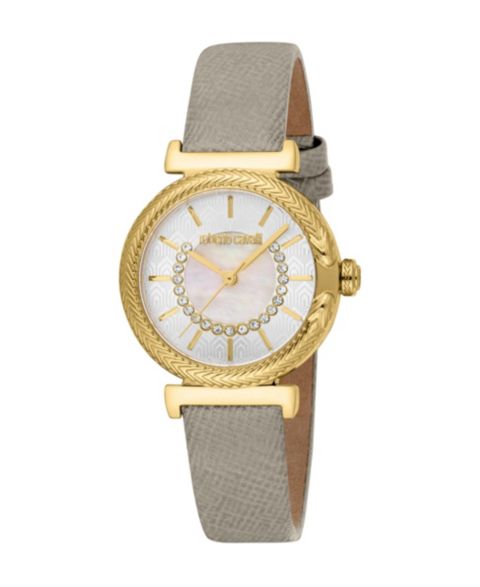 Женские часы Roberto Cavalli Quartz Grey Leather Strap Watch, цвет: Золотой