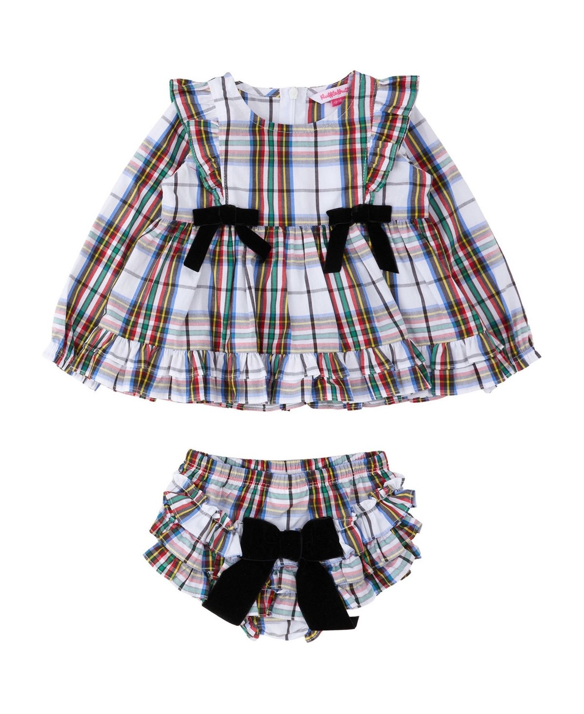 RuffleButts Baby Girls' Nicholas Plaid Long Sleeve Waterfall Bow Swing Top and Bloomers, 2-Piece Set - Multi-color
