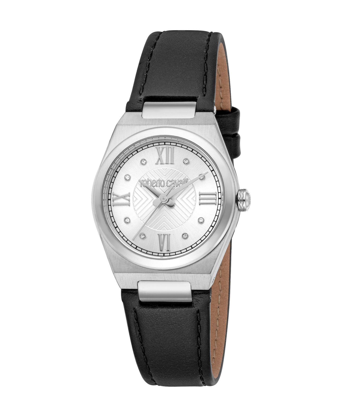 Женские часы Roberto Cavalli Quartz Black Leather Strap Watch, 30mm, цвет: Серебряный — фото 1