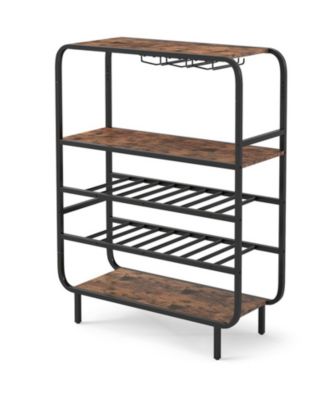 46 Inch 16-Bottle Metal and Engineered Wood Freestanding Wine Rack with 12-Glass Stemware Holder