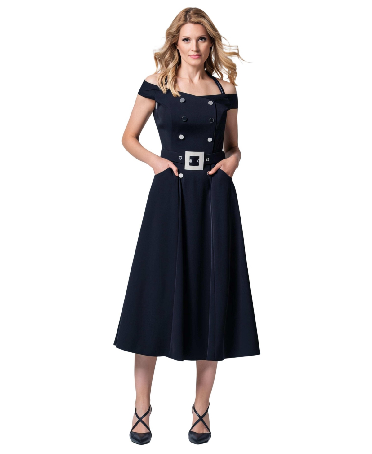 Luna Fashion House Women's Greta Off-Shoulder Double-Breasted Belted Midi Dress