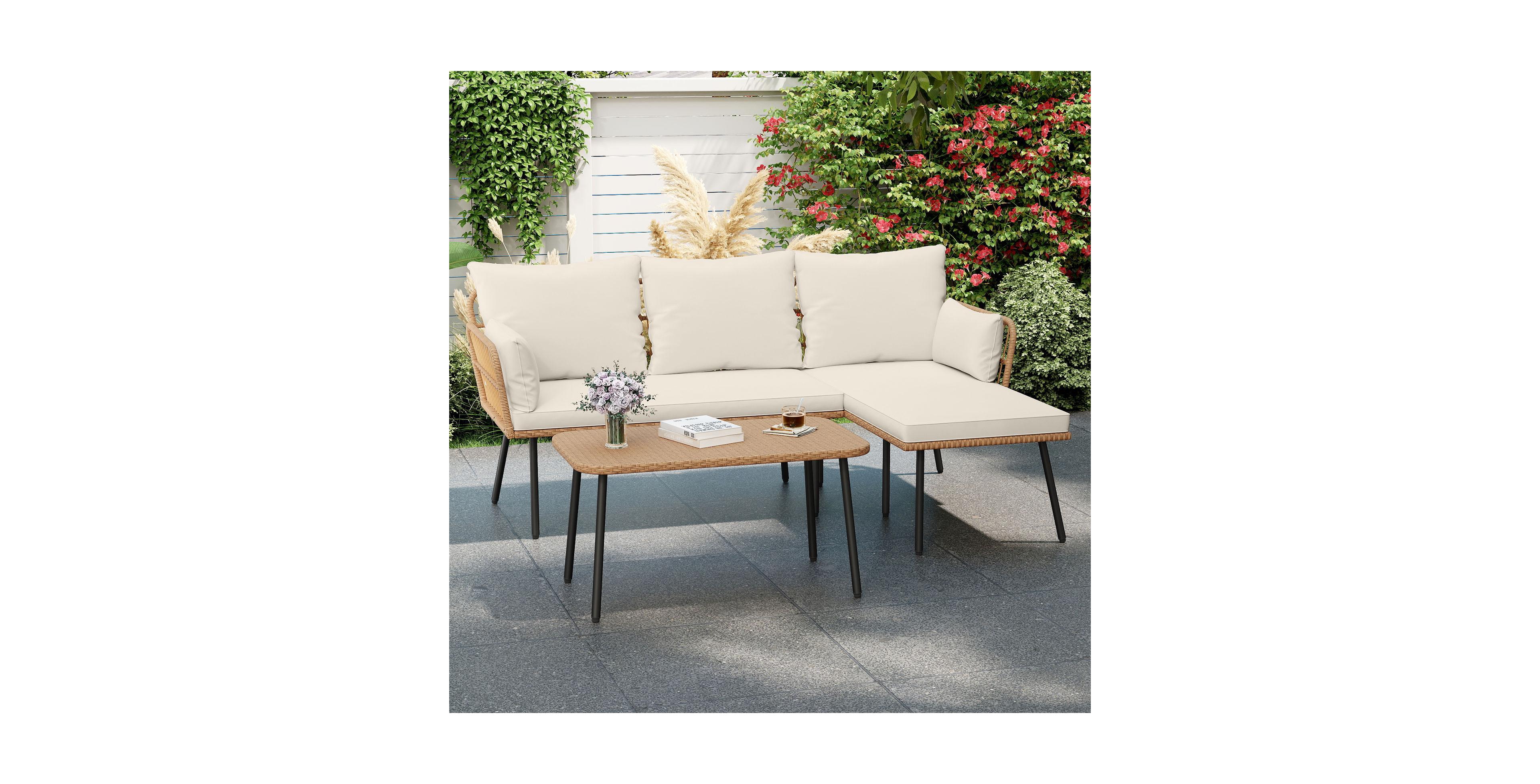 3 Pcs Corner Patio Furniture Cushioned Sofa Set with Small Coffee Table Outdoor