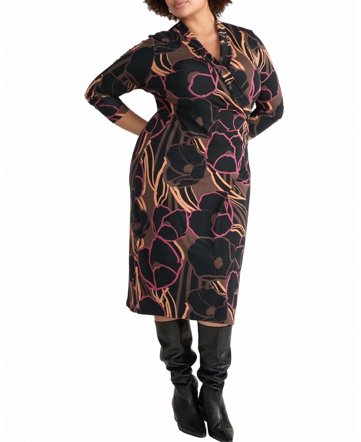 Universal Standard Plus Size Shawl Collar Wrap-Style Midi Dress - Poppy field print