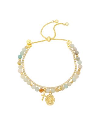 14K Gold-Plated Cubic Zirconia Tennis Cross and Religious Medallion Multicolor Beaded Bracelet