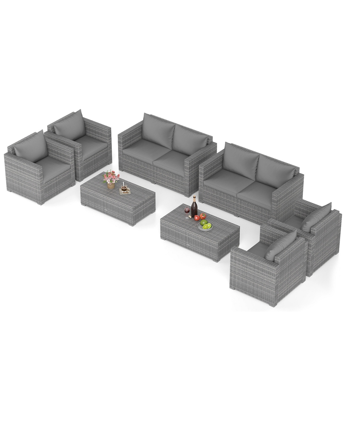 Gymax 8 Pieces Patio Rattan Wicker Conversation Set with Padded Cushion and Coffee Table - Grey