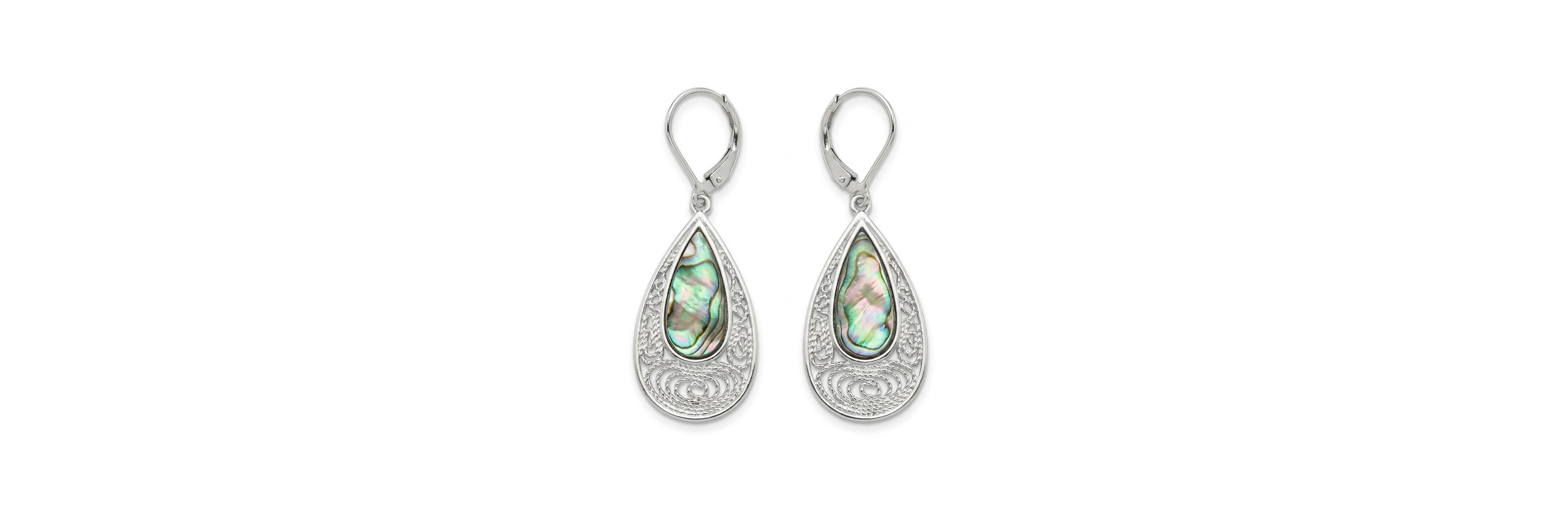Bling Jewelry Bali Style Filigree Large Iridescent Abalone Shell Teardrop Earrings .925 Sterling Silver Leverback