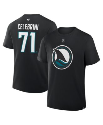Men's Macklin Celebrini Black San Jose Sharks Authentic Stack Name & Number T-Shirt