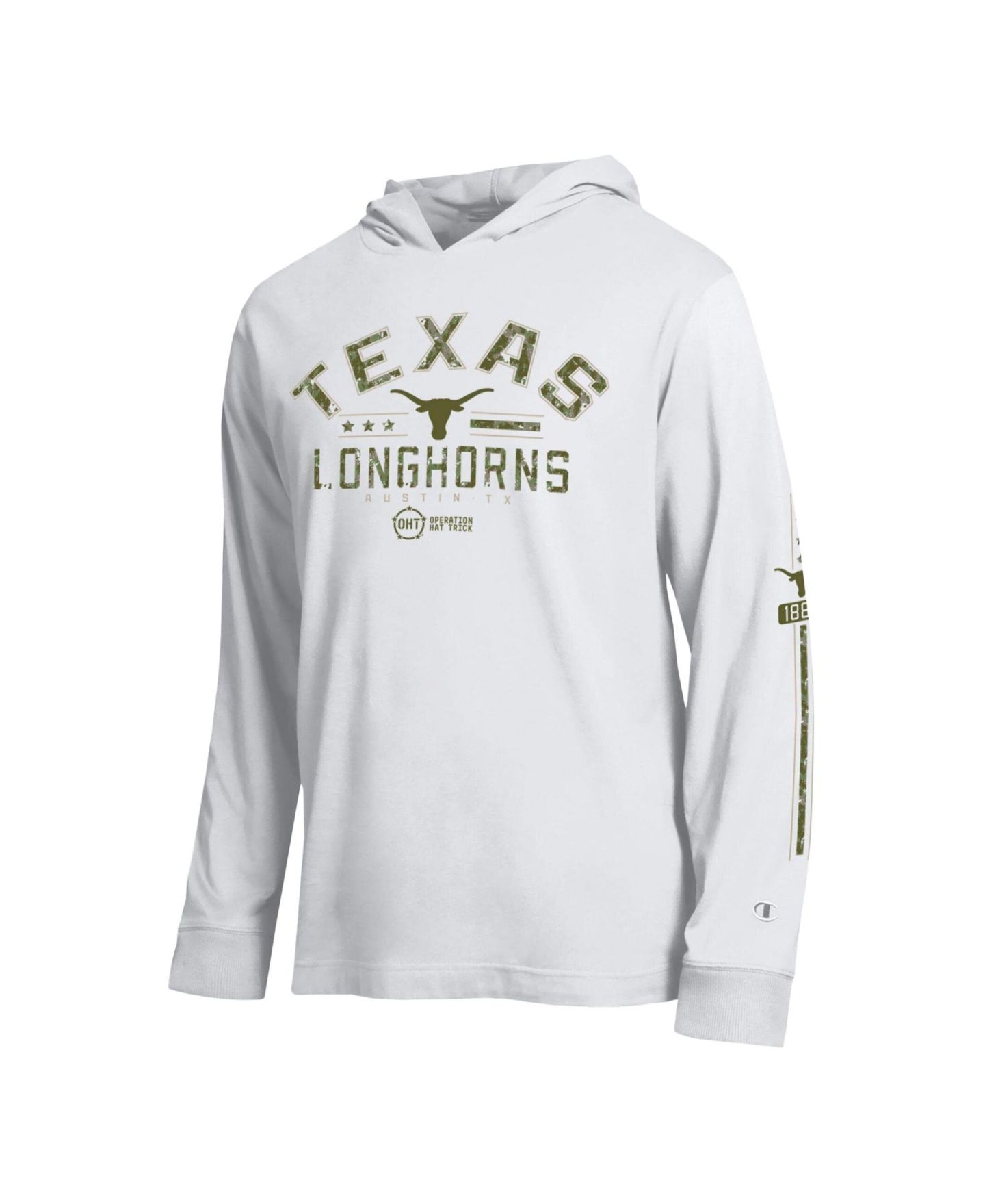 Мужская футболка Champion White Texas Longhorns Operation Hat Trick Sleeve Line Hooded Long-Sleeve — фото 2