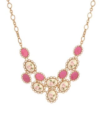 Gold-Tone Pink Porcelain Flower Necklace