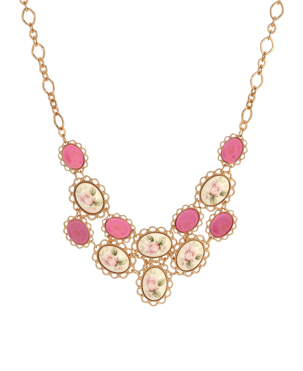 2028 Gold-Tone Pink Porcelain Flower Necklace - Pink