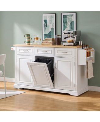 64.6" Large Rolling Kitchen Island with Trash Can Storage and Power Outlet