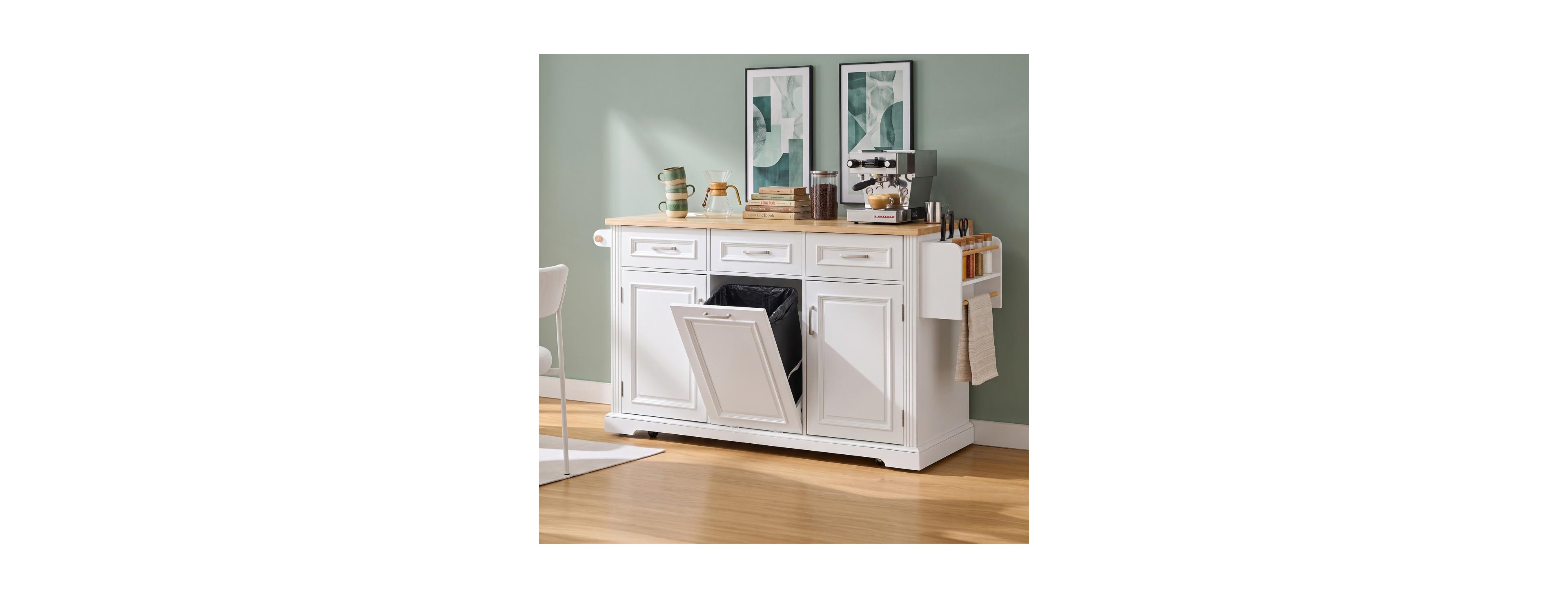 Streamdale Furniture 64.6" Large Rolling Kitchen Island with Trash Can Storage and Power Outlet