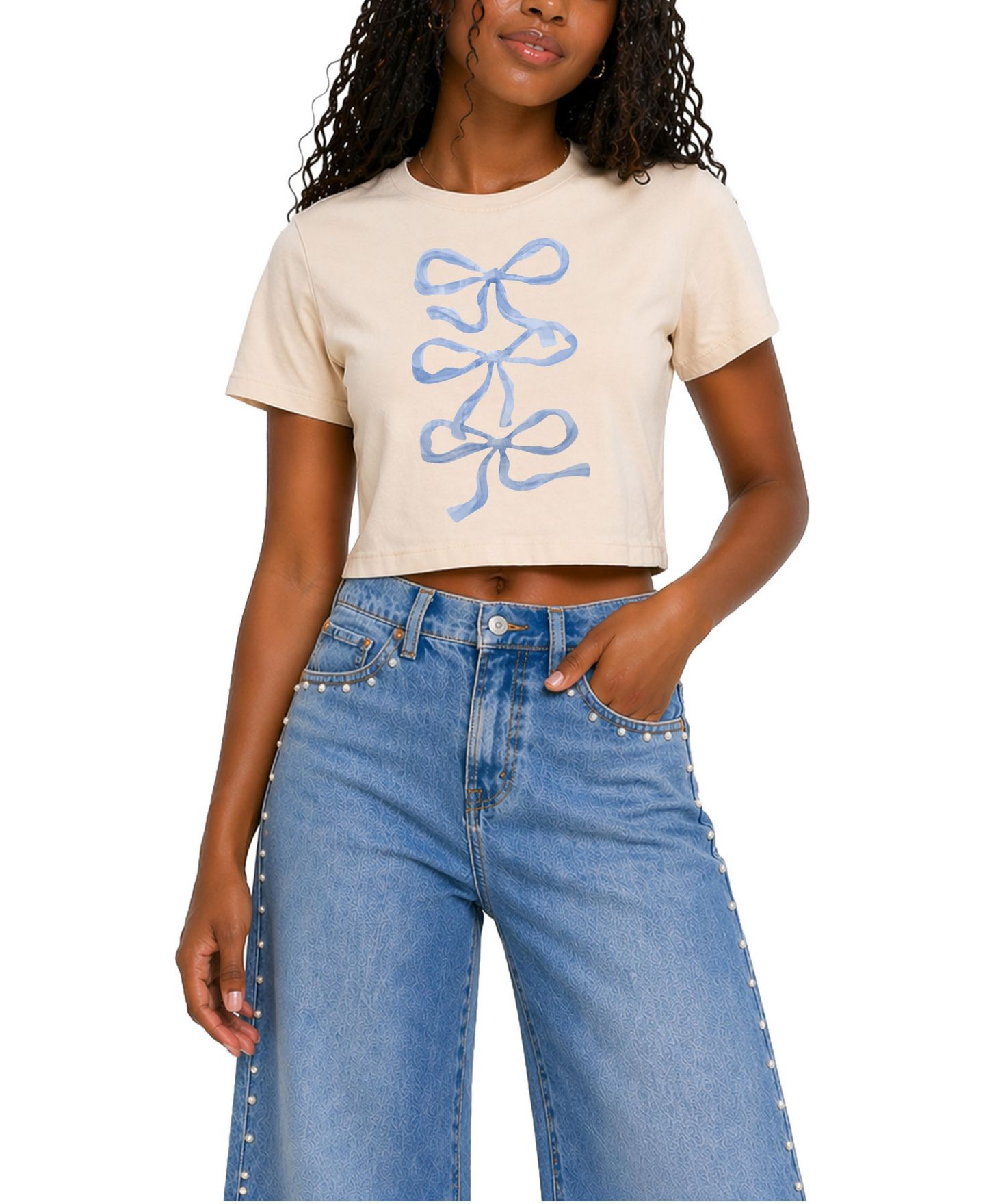 Женская футболка Instant Message Blue Bows Cropped Graphic, цвет: Берёзовый — фото 1