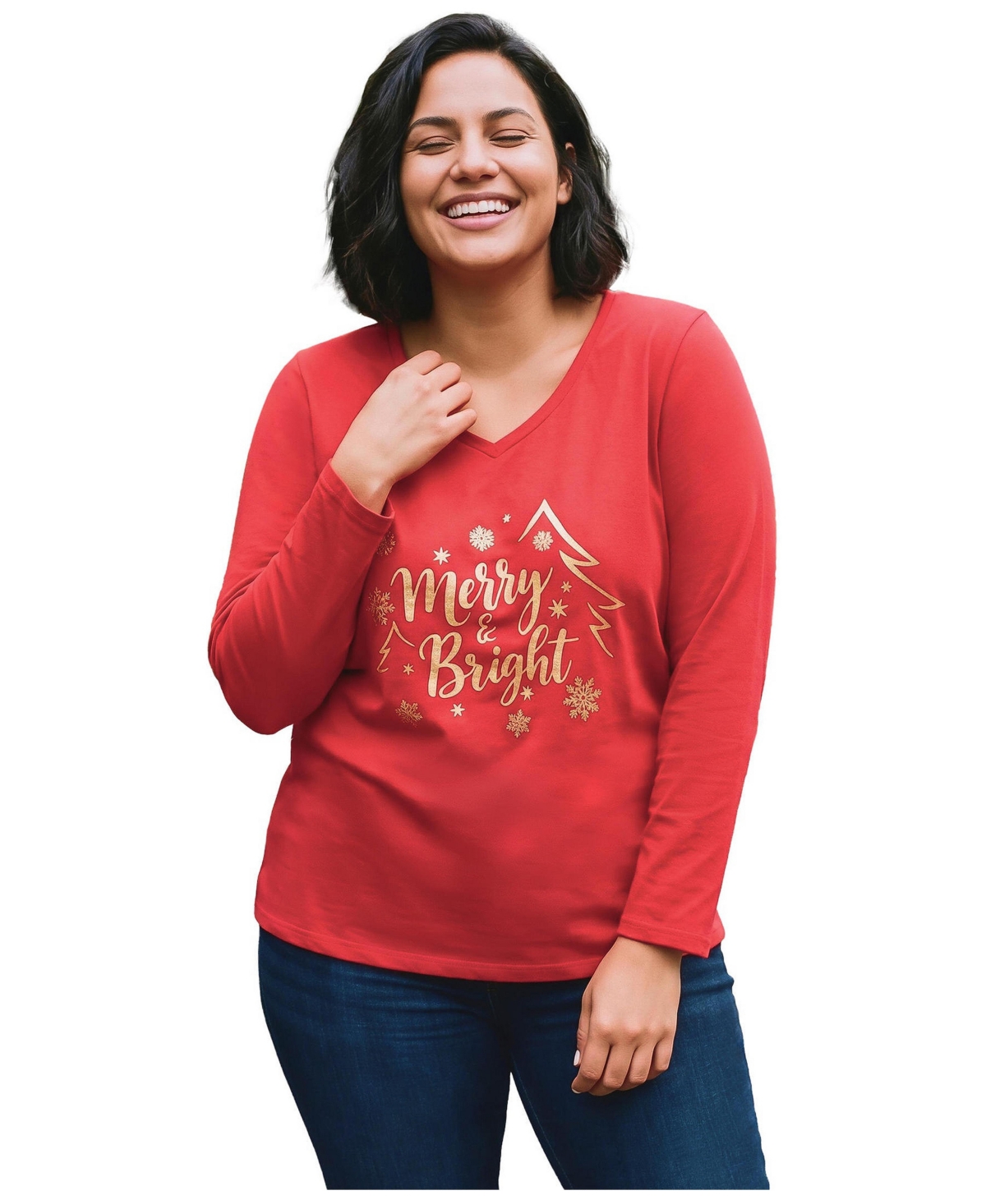 Avenue Plus Size Holiday Graphic Long-Sleeve T-Shirt - Vibrant red merry