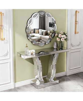 43 in x 11.8 in x 29.5 in Mirrored Glass Crystal-Inlaid Curved Legs Console Table