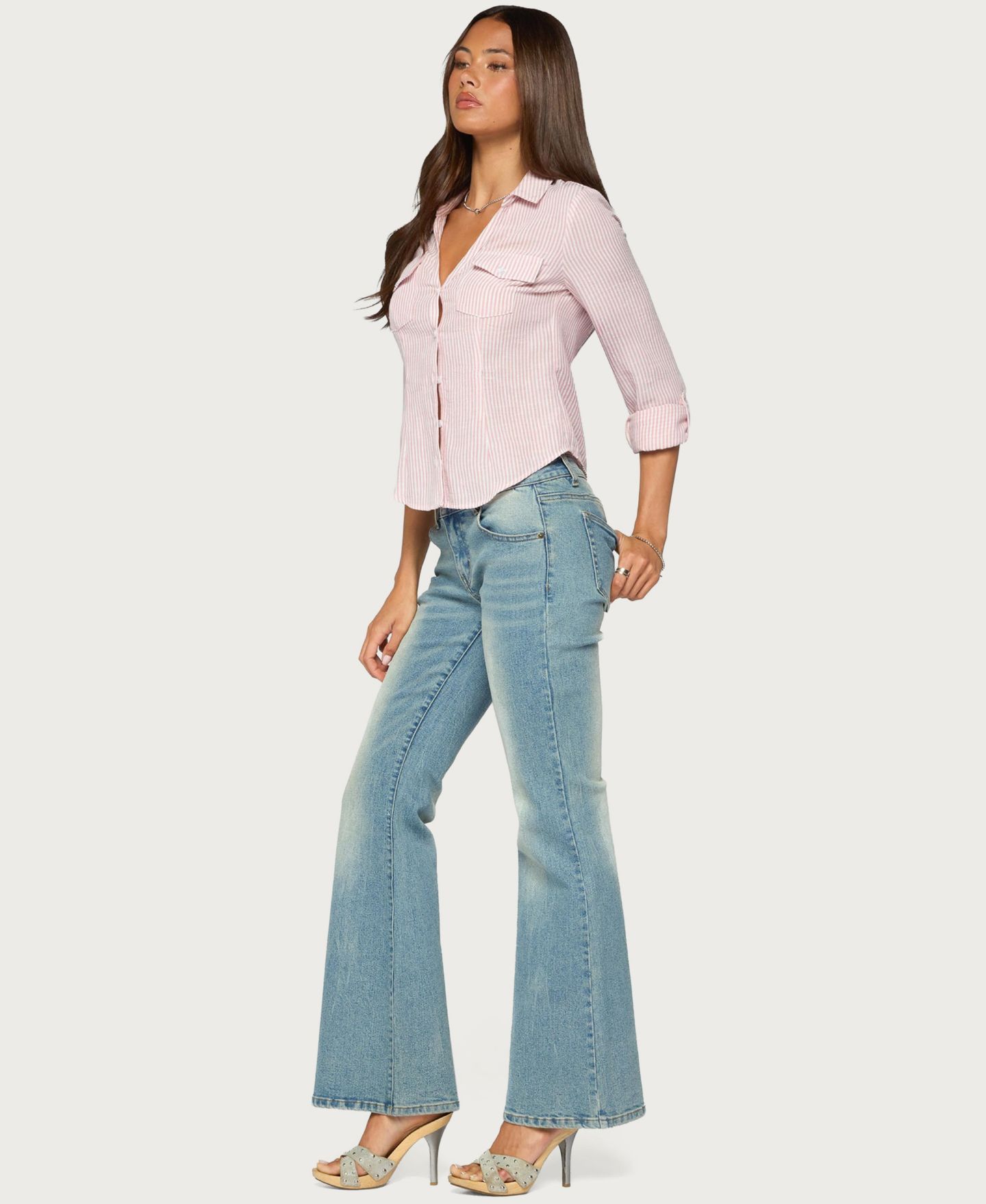 Женский топ Edikted Phobe Striped Collared Long-Sleeve Button-Up, цвет: Светлый розовый белый — фото 3