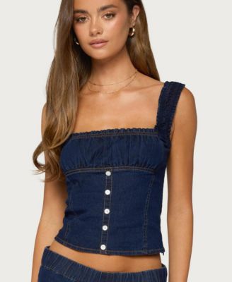 Women's Aggie Square Neck Ruched Crop Denim Top