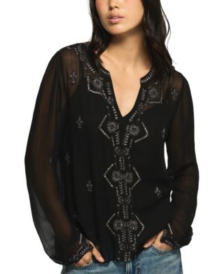 Women's Long-Sleeve V-Neck Beaded Blouse