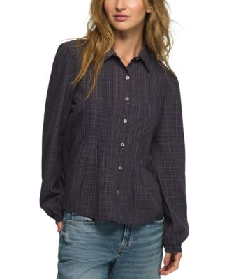 Women's Novelty Long-Sleeve Plaid Pintuck Blouse