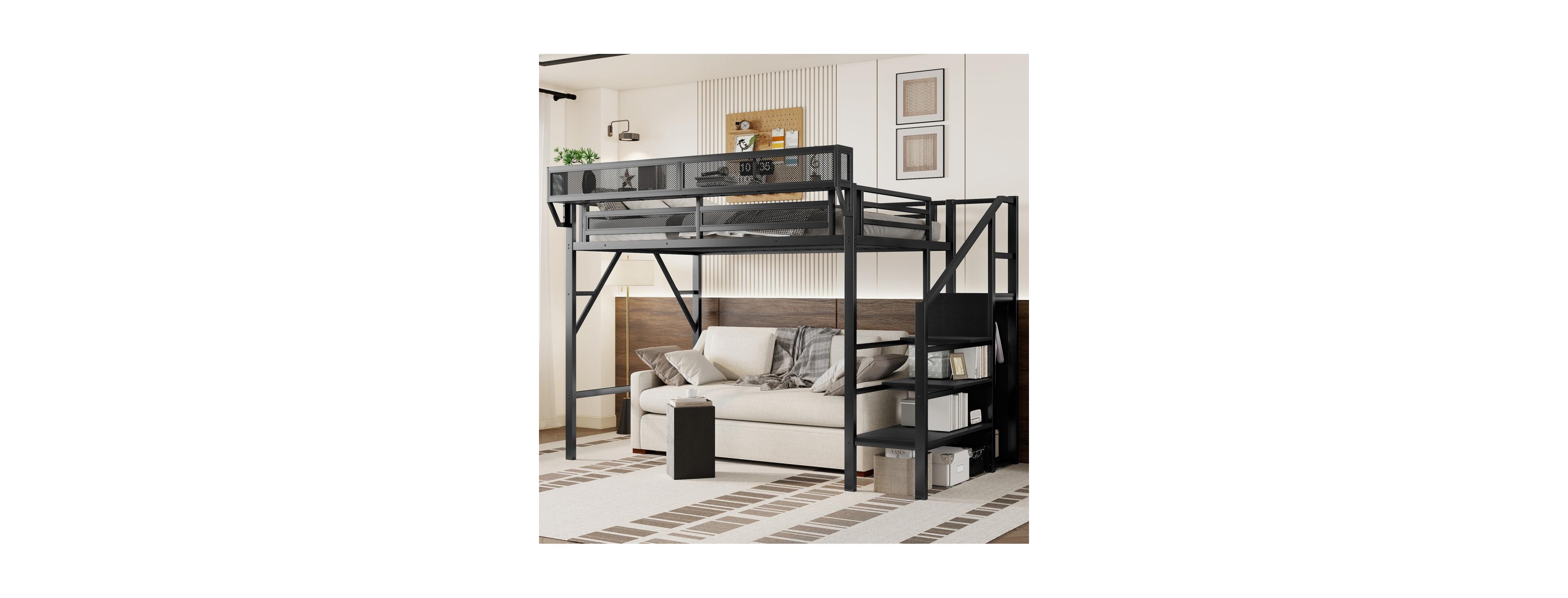 Streamdale Furniture Twin Xl Over Full Metal Loft Bed with Stairs, Wardrobe and Shelves