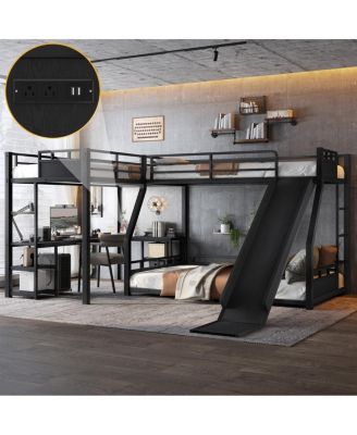 L-Shaped Metal Triple Bunk Bed with Desk, Shelves, Slide and USB Port